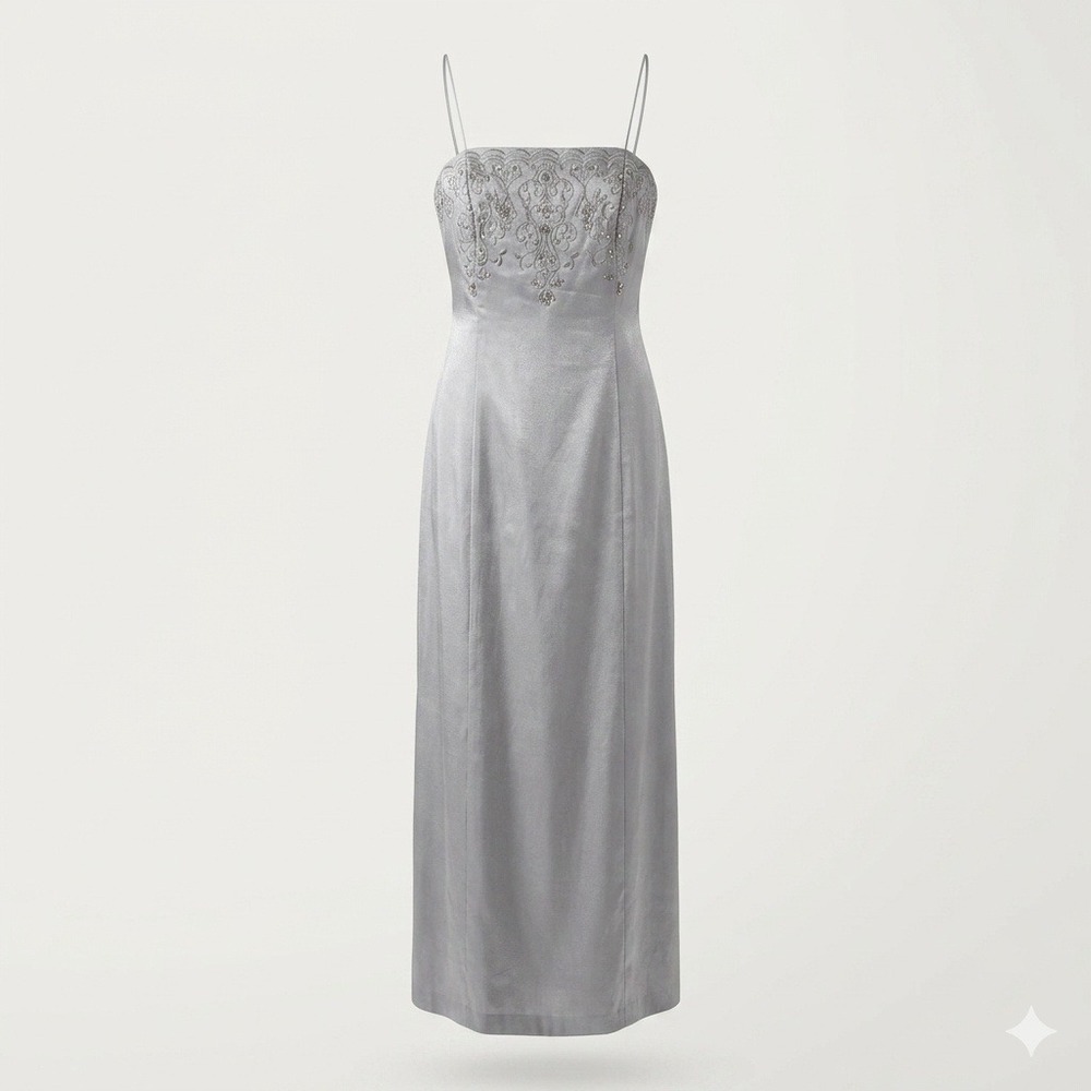 Y2K Alex Evenings Silver Metallic Embroidered Beaded Maxi Gown Dress 14 L Prom